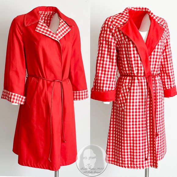 Rain Coat with Leather Belt Reversible Gingham Check Red White Vintage Sz 8 - Picture 4 of 9
